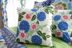modern floral print bedding in blue and green